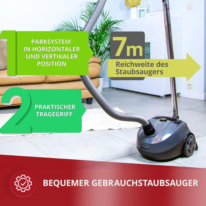 MPM Staubsauger MOD-52 - Bodenstaubsauger mit 5-stufigem Filtersystem - Leise Sauger Metall-Teleskop