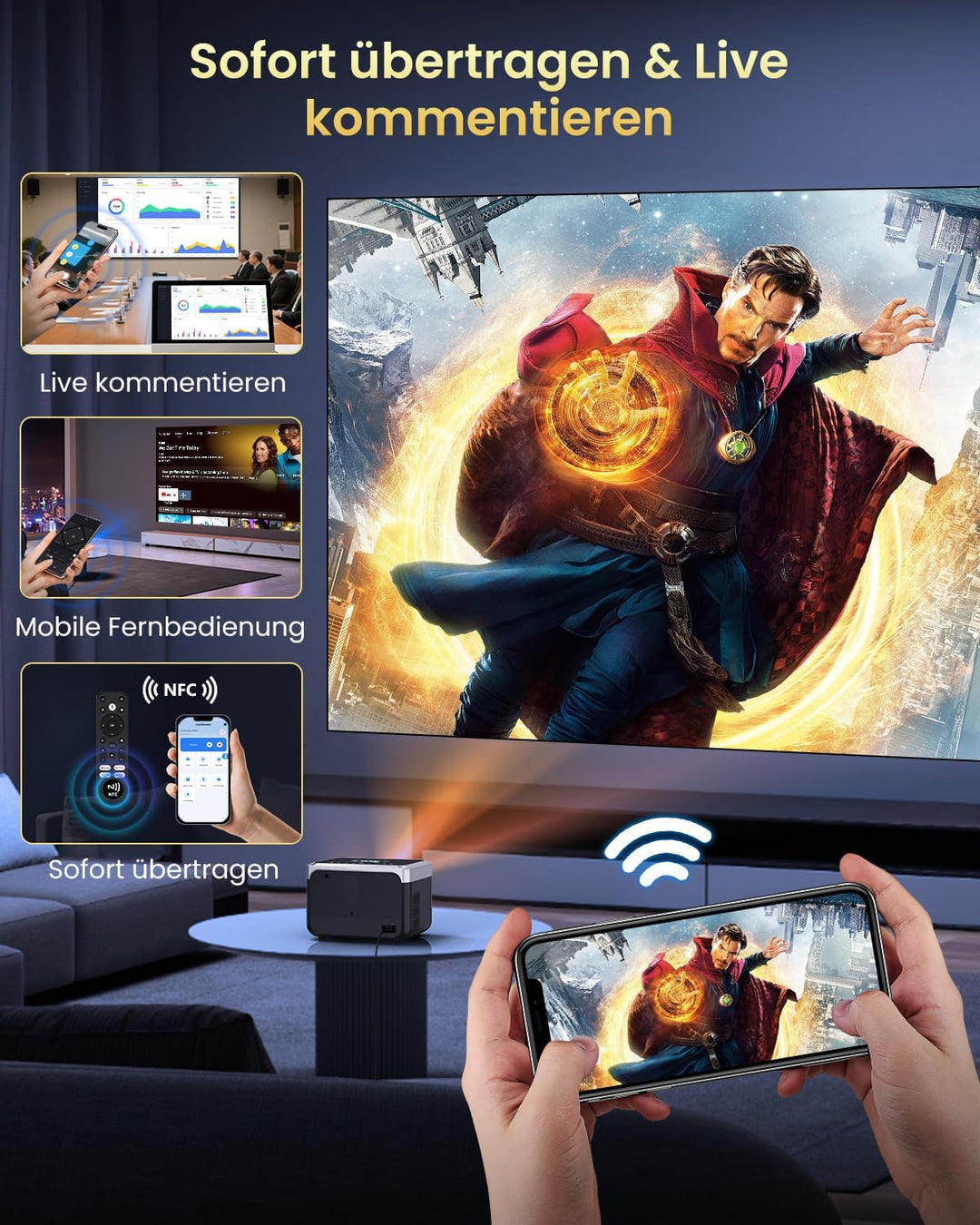Tragbarer 4K Smart Beamer mit Google TV, 1200 ANSIBeamer Heimkino, MEMC,Dual-Helligkeit Modus, Kurzd