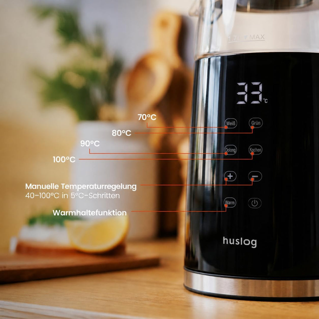 Elektrischer Wasserkocher mit Temperaturanzeige Glas 1,7L 2200W Touchscreen-Bedienfeld Warmhaltefunk