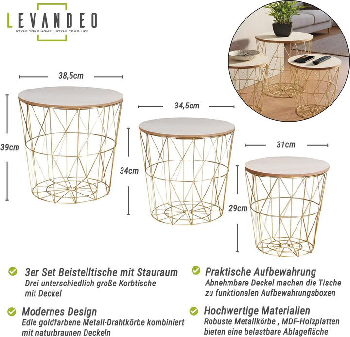 levandeo 3er Set Beistelltisch Metall Metallkorb Drahtkorb Gold Couchtisch Deckel Aufbewahrung Desig