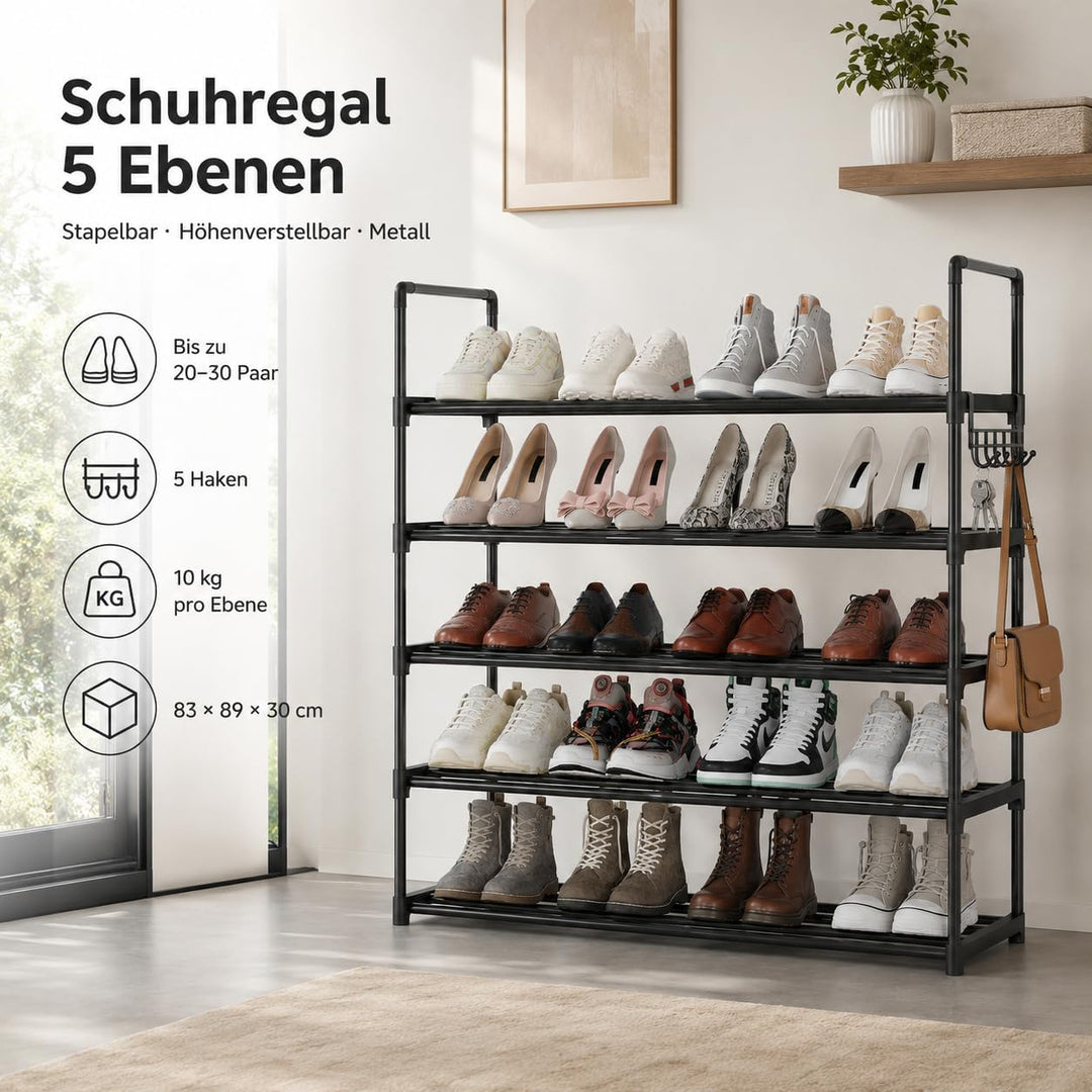 Schuhregal 5 Ebenen, Metall Schuhständer, Schuhaufbewahrung, Schuh-Organizer, platzsparend, aufrecht