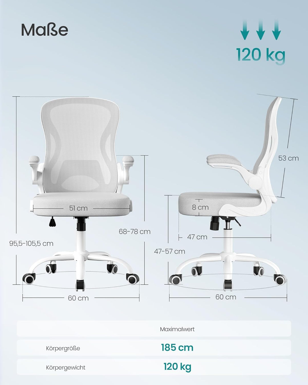 SONGMICS Bürostuhl ergonomisch, Drehstuhl mit Netzgewebe, Schreibtischstuhl mit Lendenstütze, Wippfu