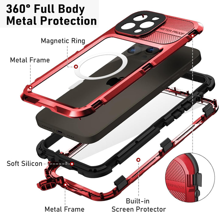 WIFORT für iPhone 14 Pro Hülle Wasserdicht mit MagSafe, 360 Outdoor Metall Schutzhülle mit Displaysc