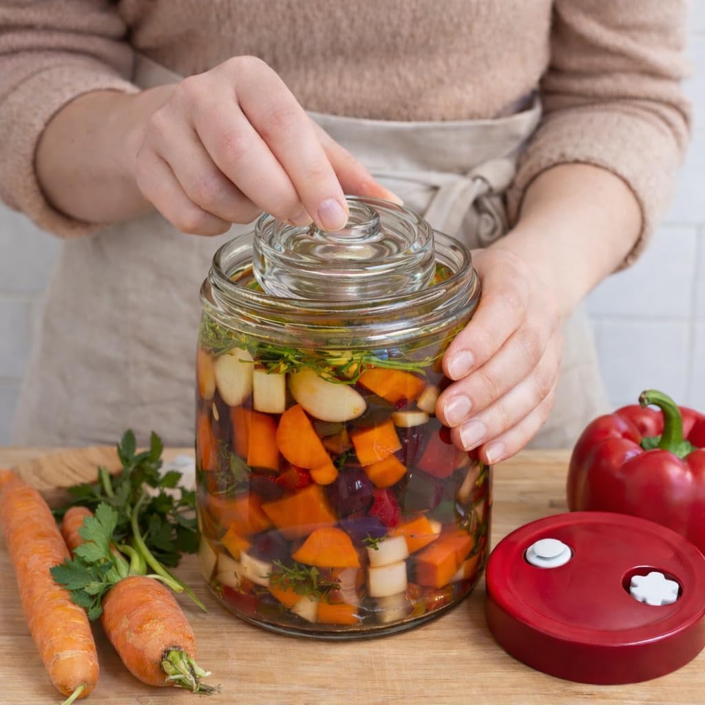 GÄRMEISTER Premium Fermentierglas Set 2er je 1,4 L mit Gärdeckel, Glasgewichten, Holzstössel, 100 g