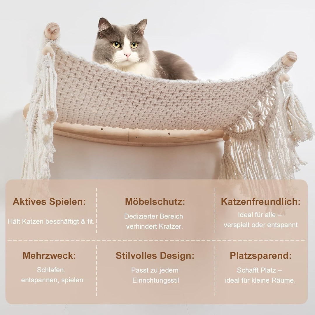 Makramee-Katzen-Wandregal & Hängematte - Gemütliche Katzenbetten mit Fensterplatz für Indoor-Spass,