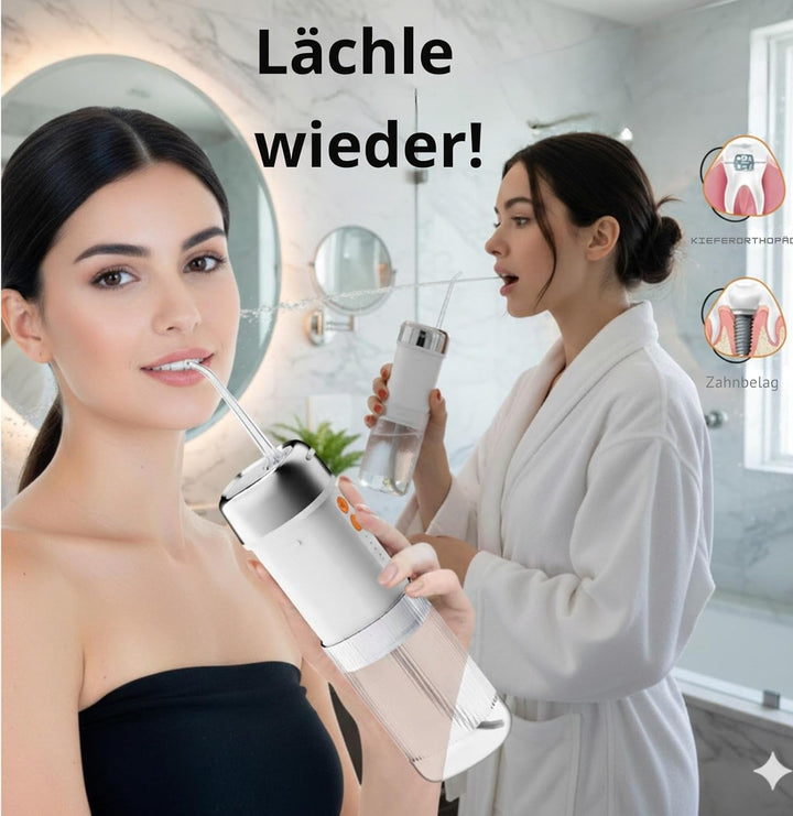 Munddusche IPX7, 250ml Tank, 5 Düsen, USB-C, 4 Leistungsmodi 35–140PSI mit Speicherfunktion, 45Tage