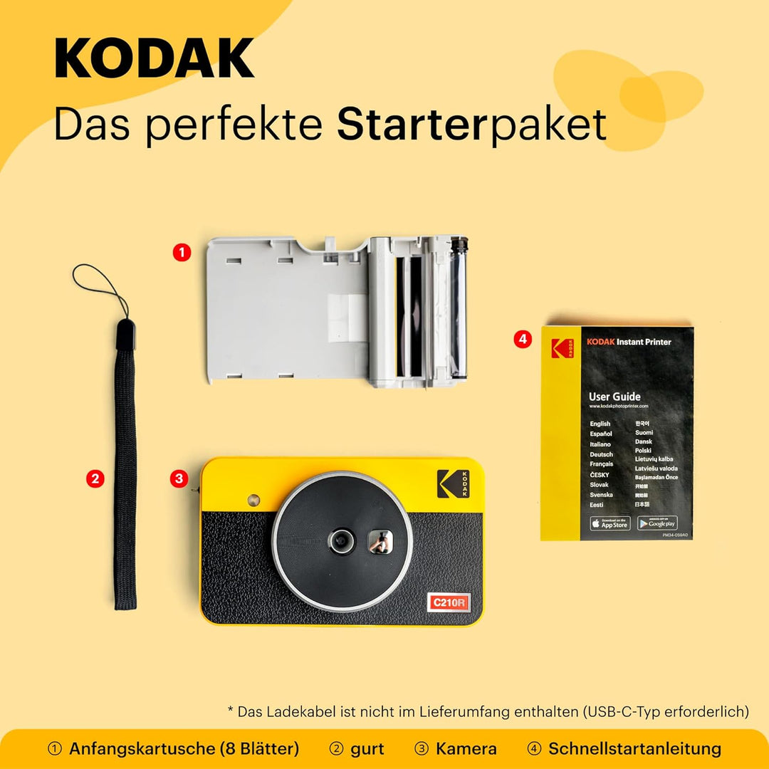 KODAK Mini Shot 2 Retro 4PASS 2-in-1 Sofortbildkamera und Fotodrucker (5,3x8,6cm) + 8 Blatts, Gelb M