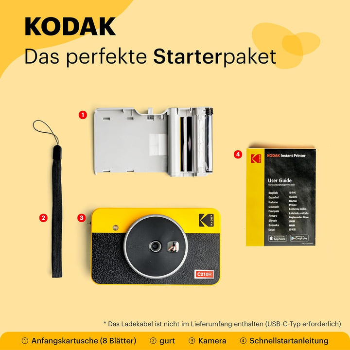 KODAK Mini Shot 2 Retro 4PASS 2-in-1 Sofortbildkamera und Fotodrucker (5,3x8,6cm) + 8 Blatts, Gelb M
