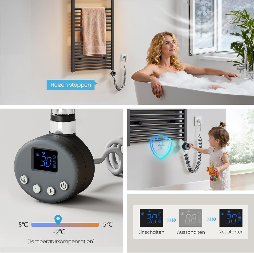 Heilmetz Smart WiFi Badheizkörper Elektrisch 100x60cm Elektrischer Handtuchtrockner mit Thermostat u