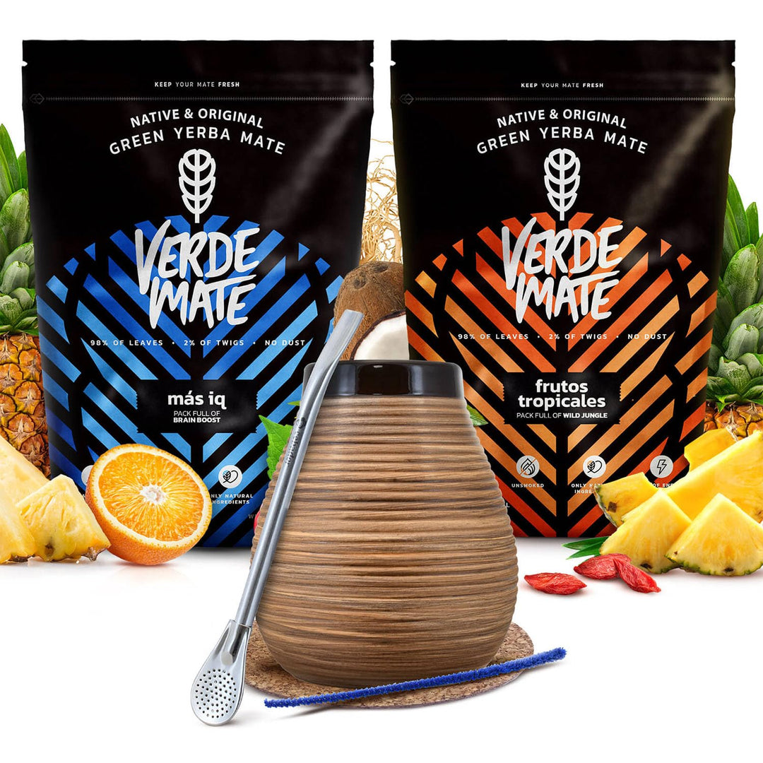 Verde Mate Green Mate Tee Set 2x500g 1kg - Verde Mate Mas IQ und Frutos Tropicales, Kalebasse, Bombi