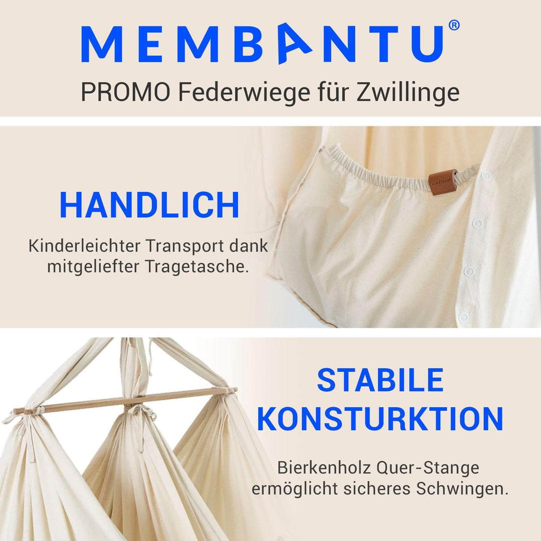 MEMBANTU Federwiege Baby für Zwillinge - Baby-Wiege aus Bio-Baumwolle - Baby-Hängematte inkl. Feder