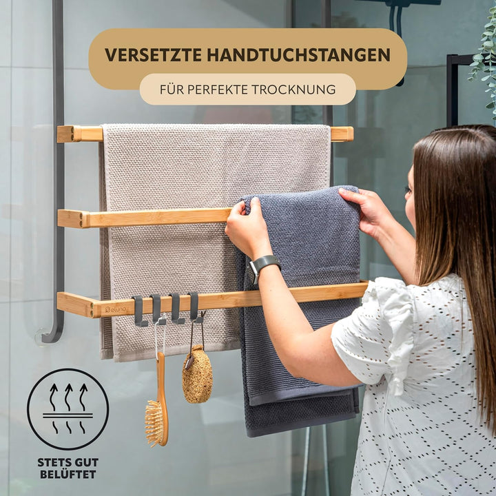 eluno Handtuchhalter für die Glasduschwand aus Metall und Bambus, Handtuchhalter mit 3 Handtuchstang