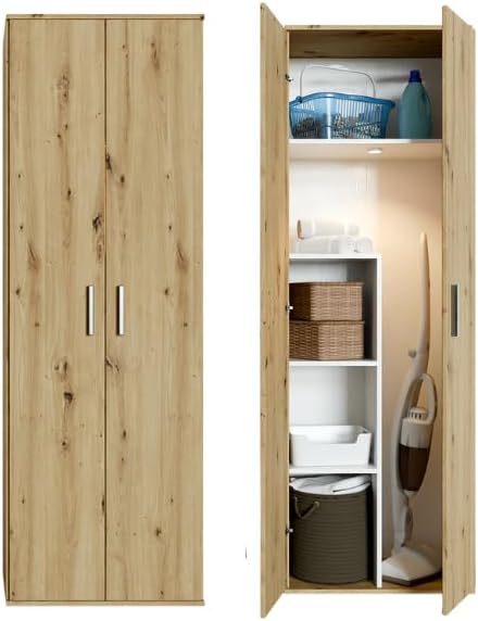 Happy Babies Utility-Schrank 60cm | Weiss | Vorratsschrank für Staubsauger, Mopps & Reinigungsmittel