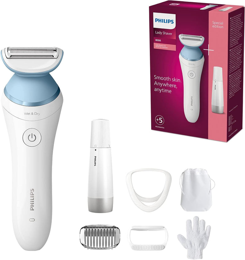 Philips Lady Shaver Series 8000 – Kabelloser Nass- Trockenrasierer inkl. 5 Zubehörteilen & Gesichtsh