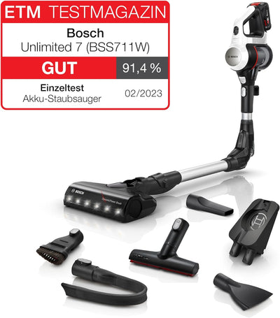Bosch Akku-Staubsauger Unlimited 7 BSS711W, kabelloser Handstaubsauger, beutellos, Wechselakku, Knic