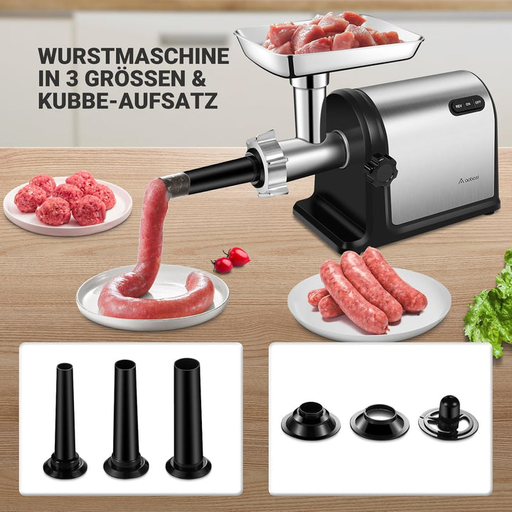 AOBOSI 3-In-1 Fleischwolf Elektrisch Mit 3 Edelstahl-Schleifplatten,1 Kubbe & 3 Wurstfüllrohren, [30