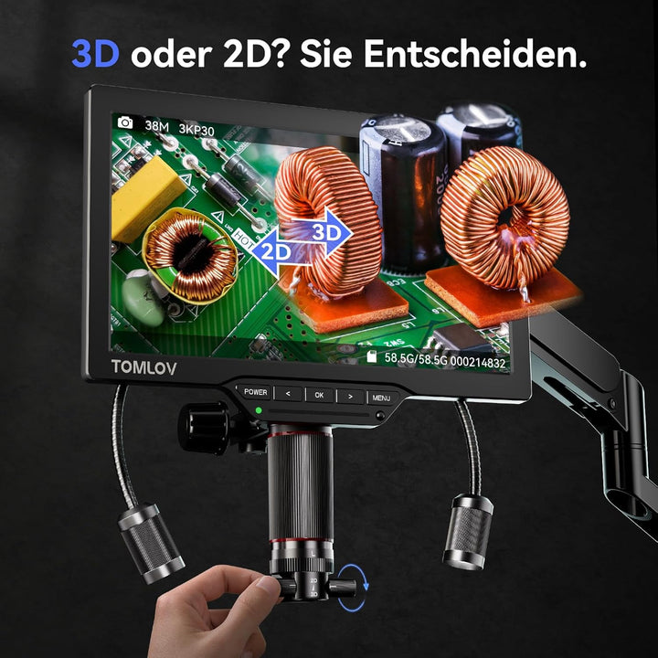 TOMLOV TM3K-3D IPS Digitales Mikroskop mit Magnetische Doppelobjektive, 3D-Lötmikroskop für Erwachse