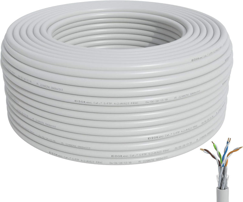 BIGtec CAT 7 Netzwerkkabel Verlegekabel LAN Kabel 100m weiss CAT7 PiMF S/FTP halogenfrei BauPVO Eca