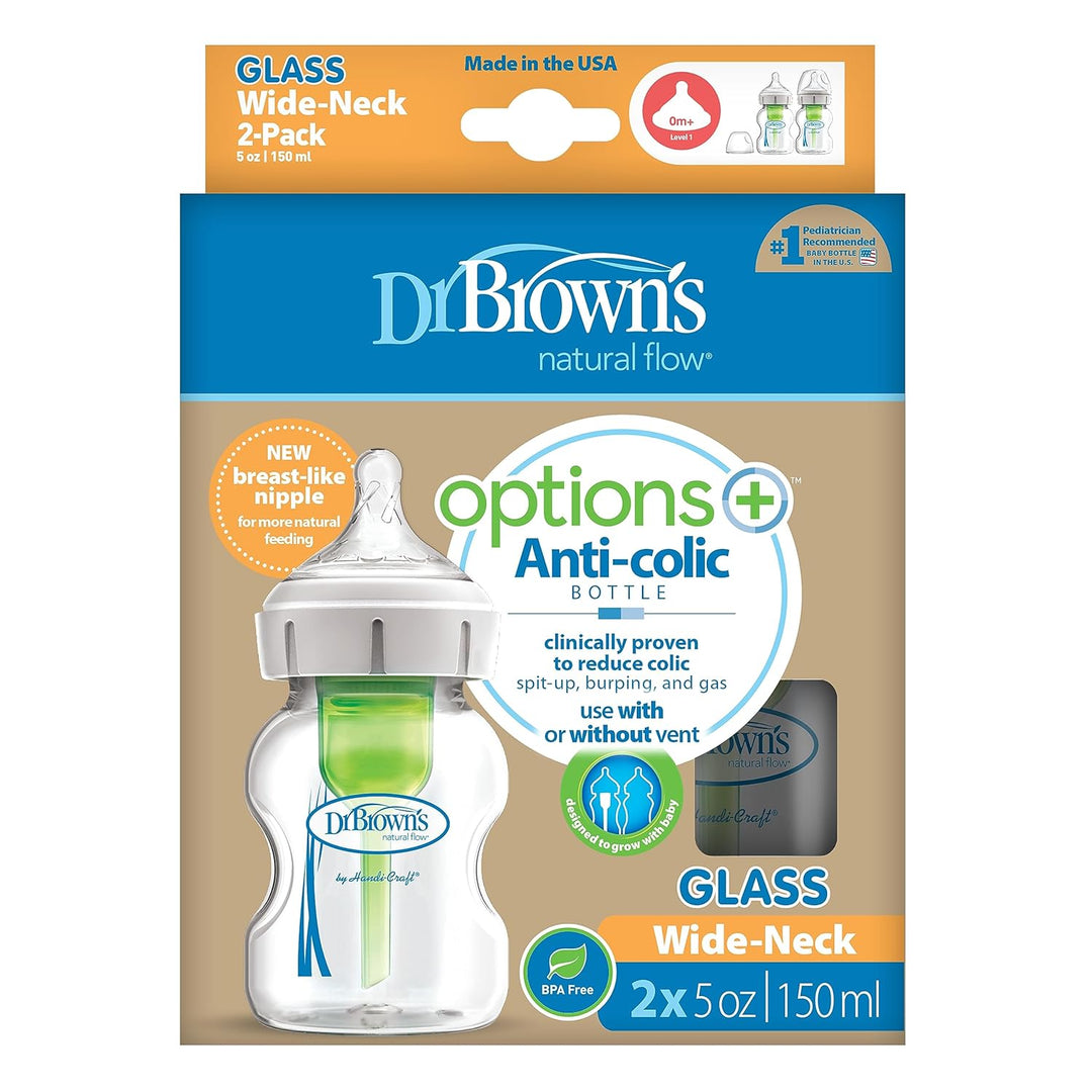Dr. Brown's Natural Flow Anti-Colic Options+ Weithals-Glas-Babyflasche, 150 ml, mit Sauger Stufe 1,