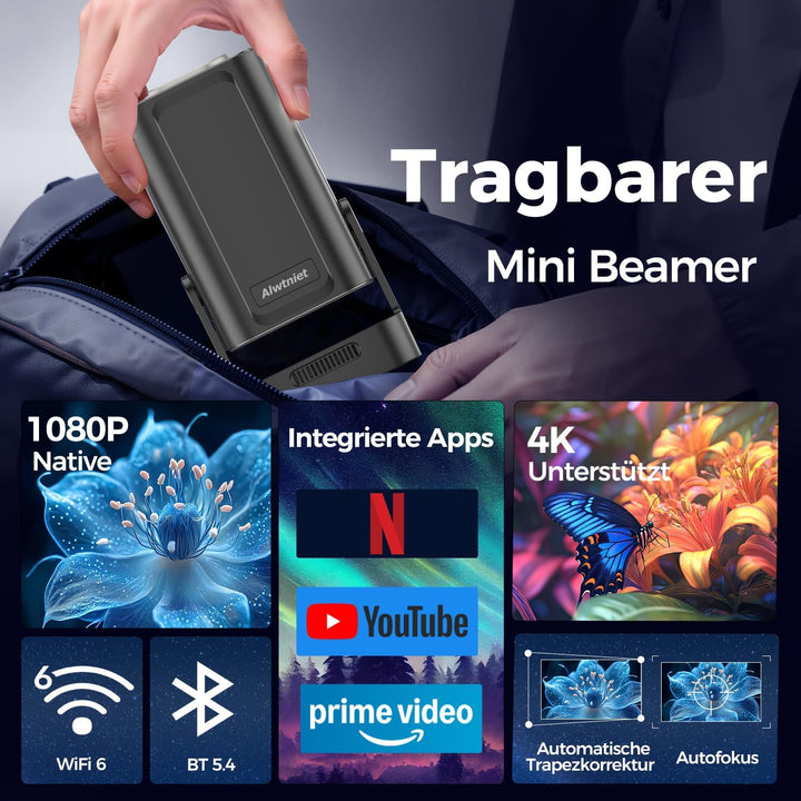 Alwtniet HY310 Mini Beamer 4K Unterstützt, 1080P Mini Projektor mit Autofokus & Automatische Trapezk