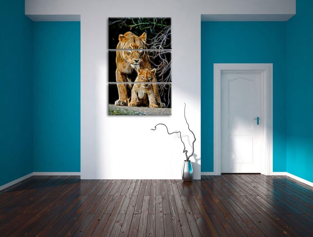 Dark Löwin mit Jungtier Spezial 3-Teiler Leinwandbild 120x80 Bild auf Leinwand, XXL riesige Bilder f