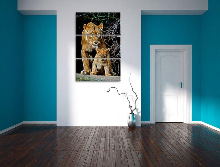 Dark Löwin mit Jungtier Spezial 3-Teiler Leinwandbild 120x80 Bild auf Leinwand, XXL riesige Bilder f