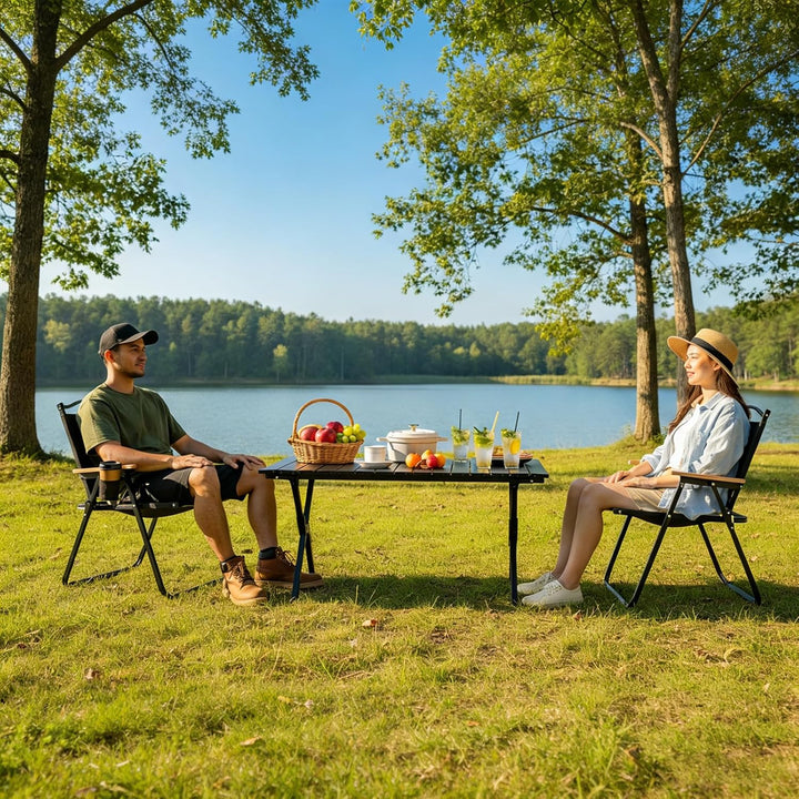 Campingtisch Klappbar Faltbar, 89x58cm Outdoor Tisch mit Tragetasche, Stabiler Eisen Tisch mit Holzo