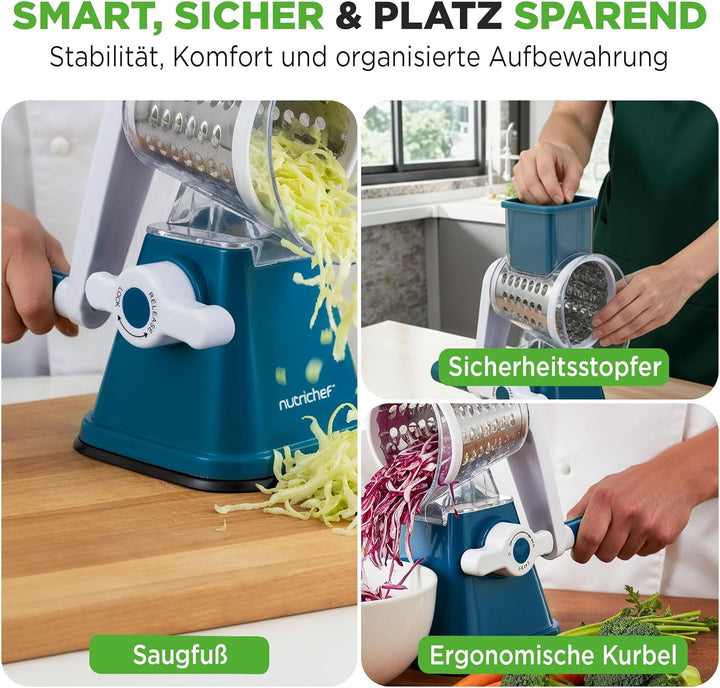 NutriChef 3-in-1 Käsereibe mit Handkurbel – Kompakte Trommelreibe für Käse & Gemüse – 3 Schneidetrom