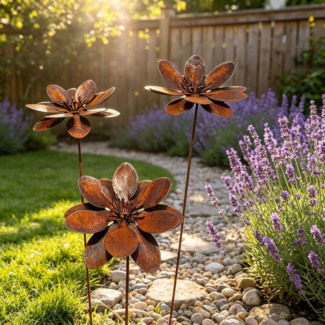 3er Set Gartenstecker Rost Deko Gartendeko für Draussen Wetterfest Sonnenhut Metall Rost Gartendeko