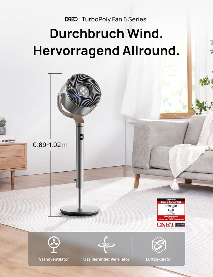Dreo 23dB leiser Standventilator, 120°+120° Omni-direktionale oszillierende Ventilator, 24M Windentf