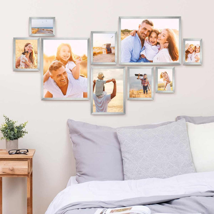 PHOTOLINI silberne Bilderrahmen Set verschiedene Grössen, 9 Bilderrahmen Silber Holz MDF, Bilder Rah