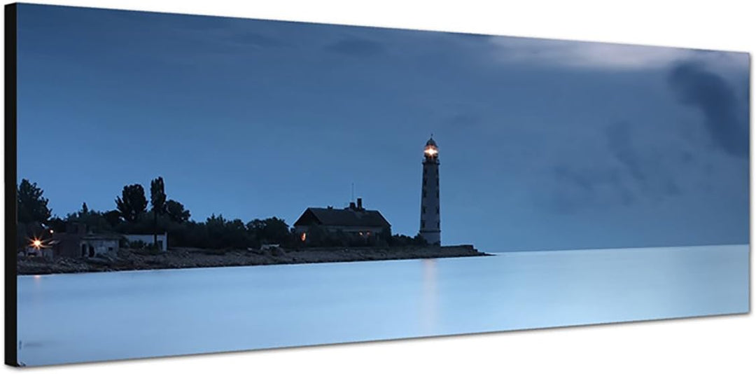 Paul Sinus Art Panoramabild auf Leinwand und Keilrahmen 150x50cm Meer Leuchtturm Nacht Nebel Steine