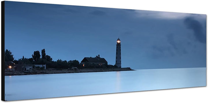 Paul Sinus Art Panoramabild auf Leinwand und Keilrahmen 150x50cm Meer Leuchtturm Nacht Nebel Steine