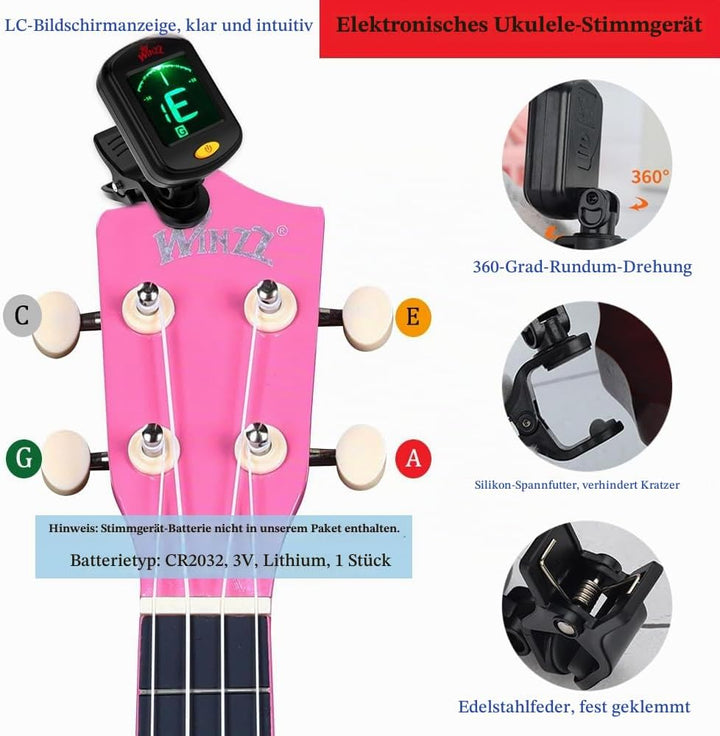 Winzz Sopran Ukulele Starter Kit für Anfänger mit Tasche, Clip-On Tuner, Zusätzlichen Saiten, Gurt,