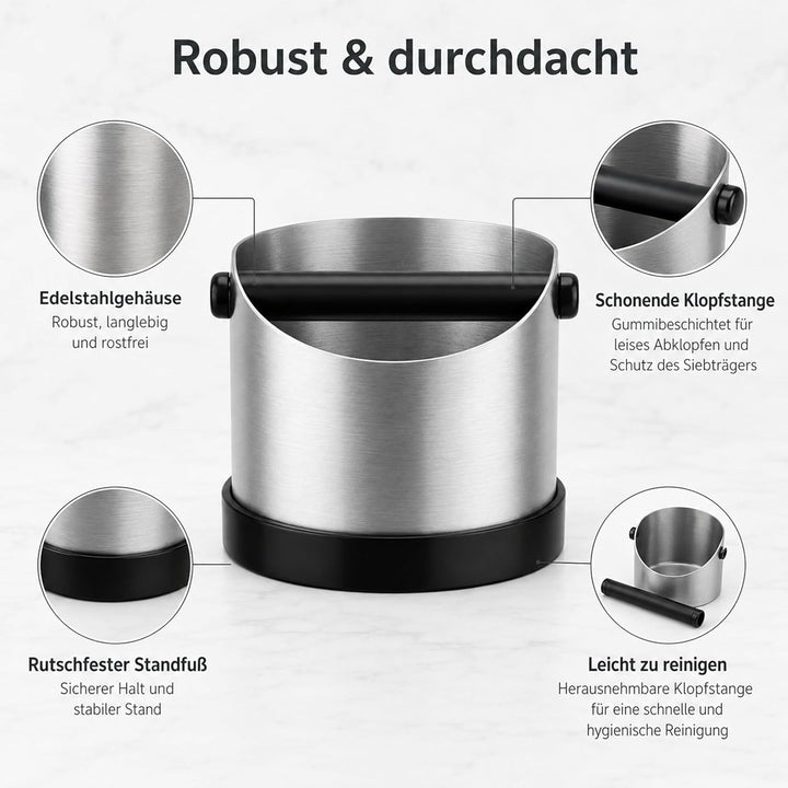 URMONA Siebträger-Abklopfbehälter 1,3L Edelstahl Knock Box Kaffeezubehör | Farbvariante Silber, abne