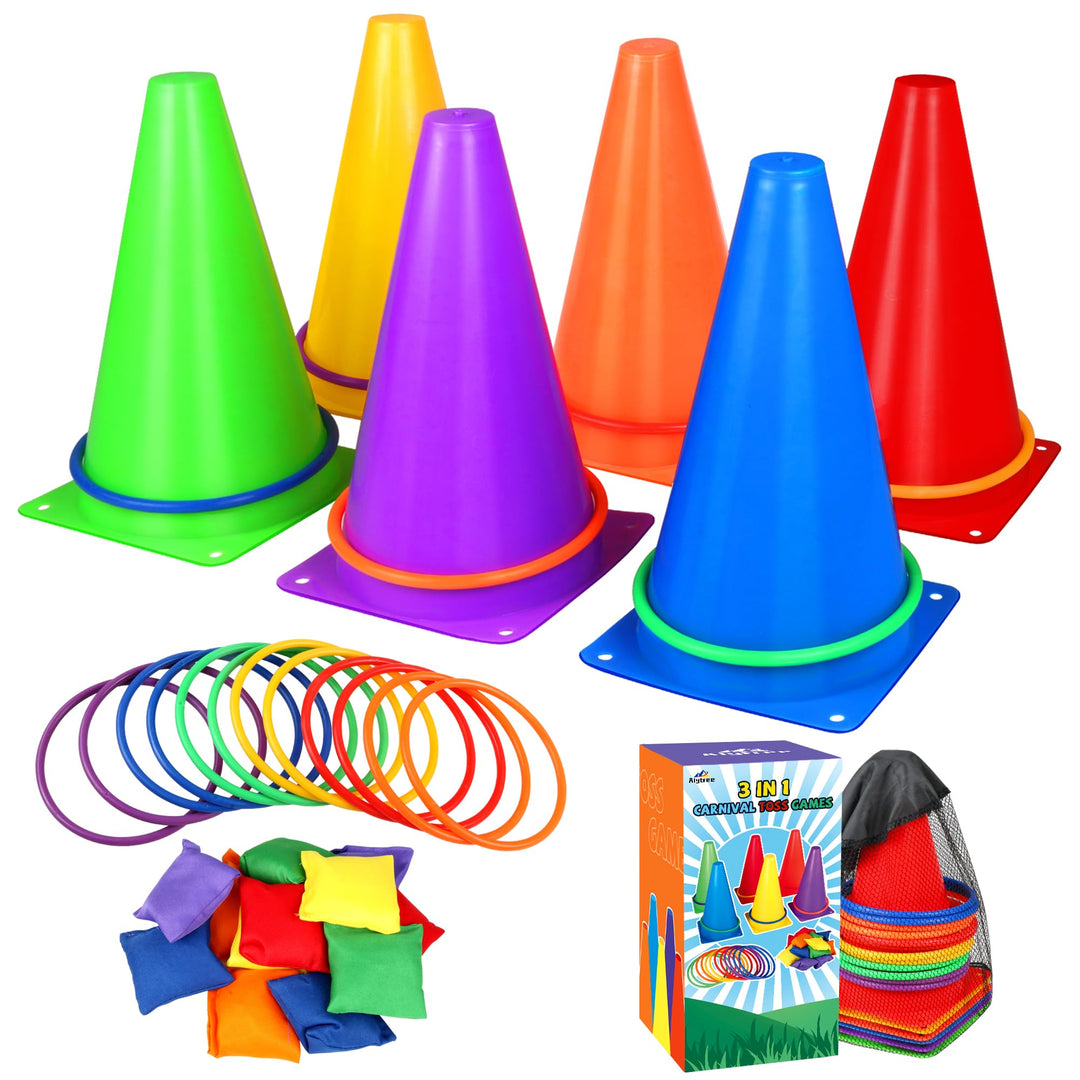 31 Stück Outdoor Spiele für Kinder, 3 in 1 Wurfspiel Kinder Outdoor - Cornhole Säckchen, Pylonen & R