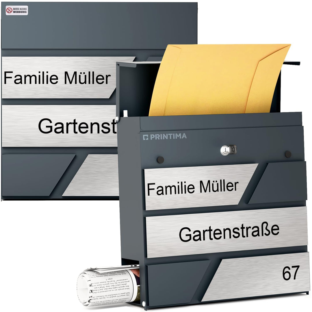 Design Julia Briefkasten Anthrazit mit Ihrer Personalisiert Namen&amp; Hausnummer, Integriertes Zeitungs