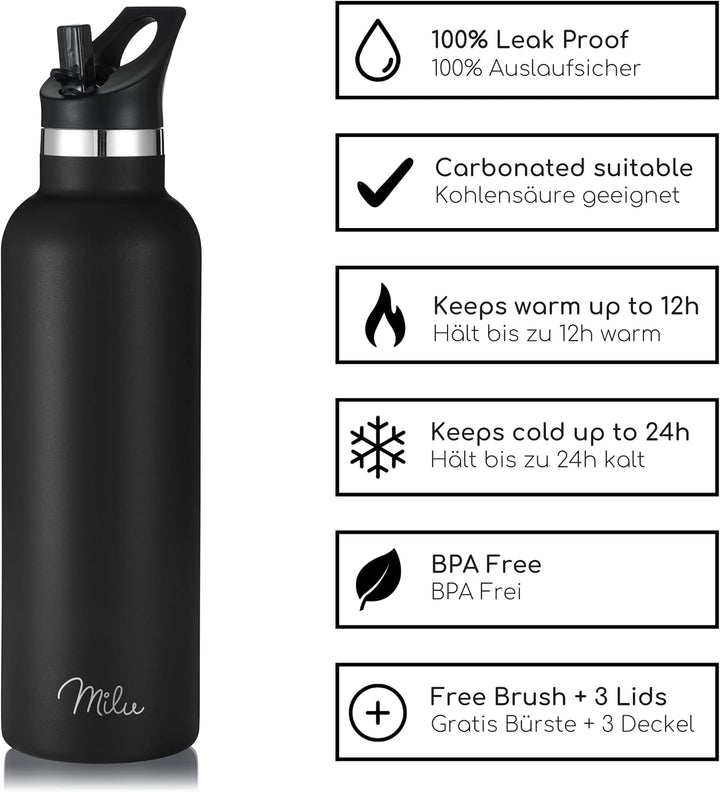 Milu Edelstahl Trinkflasche 500ml, 750ml, 1000ml (+3 Deckel) - Thermosflasche mit Strohhalm, Isolier