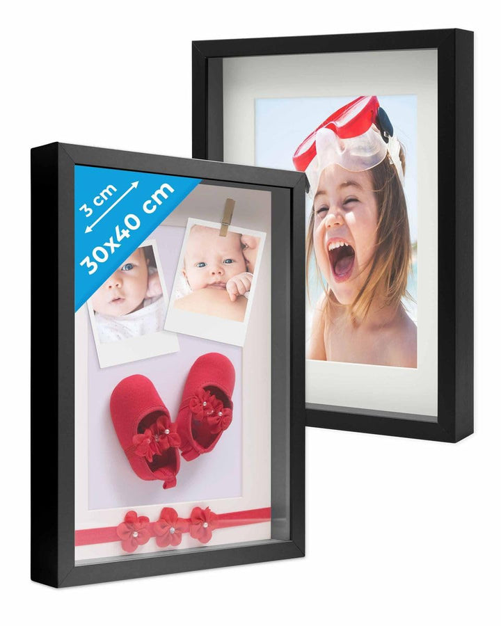 PHOTOLINI 3D Bilderrahmen zum Befüllen 30x40 Schwarz gross, 3 cm tiefer Objektrahmen mit Glas, 2X ti