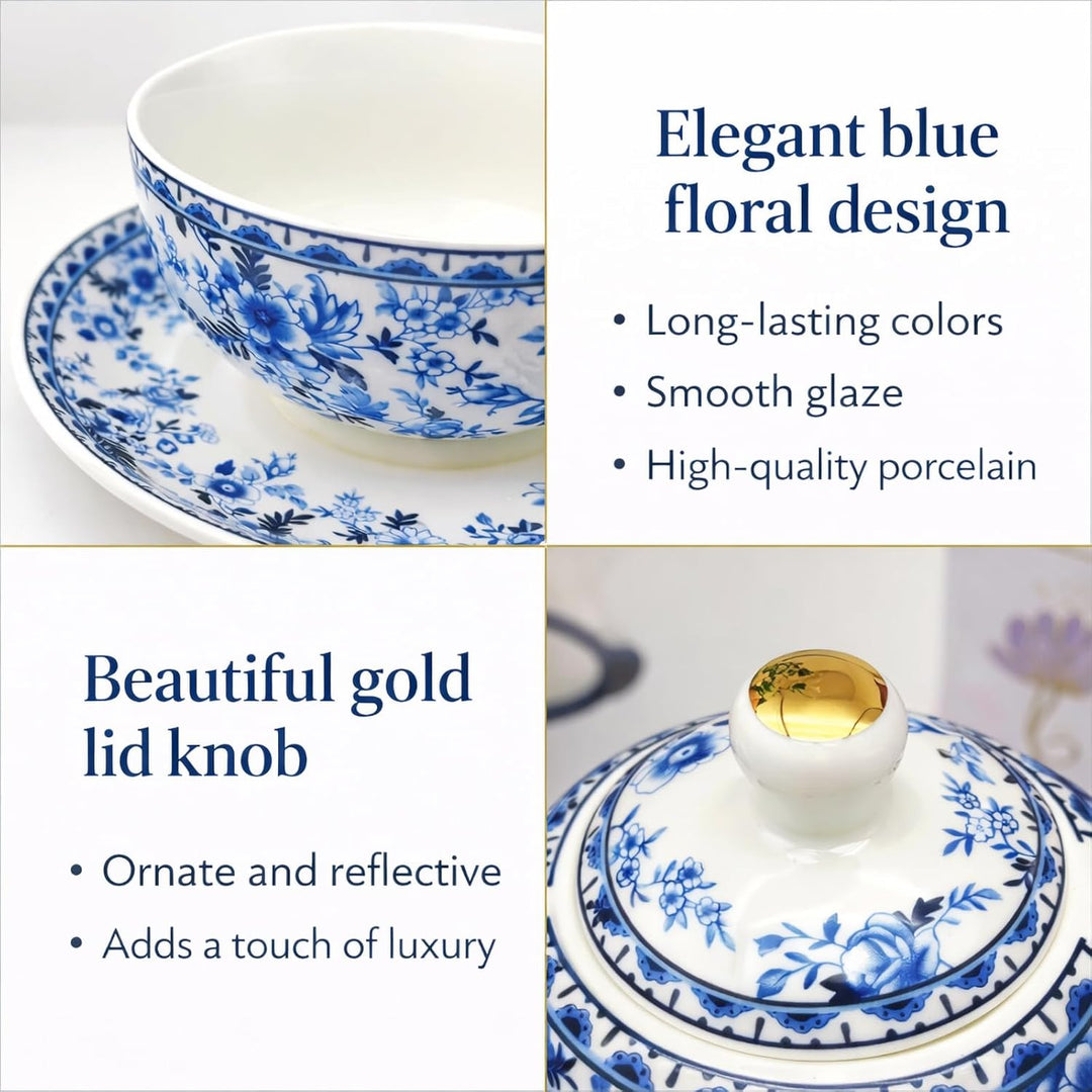Porcelain Tea for One Set Beautiful Flower Ceramic Teapot with Cup Gifted Box (Blue and White), Blue