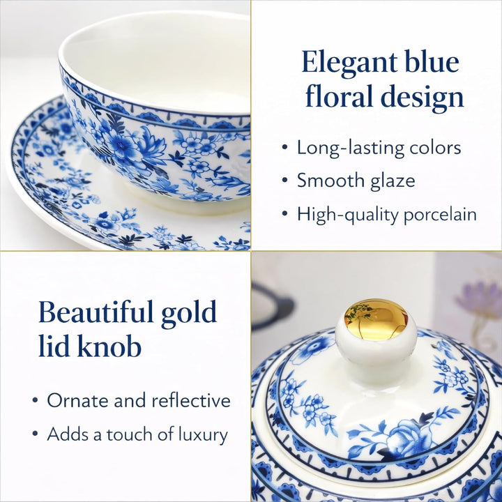 Porcelain Tea for One Set Beautiful Flower Ceramic Teapot with Cup Gifted Box (Blue and White), Blue