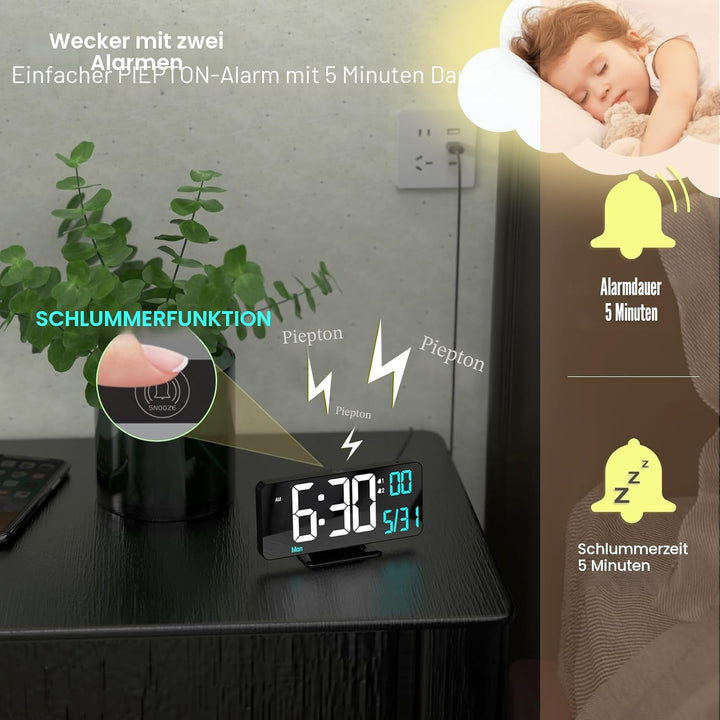 KOSUMOSU Digitaler Wecker, 17 cm, schwarz, für Schlafzimmer, Dual-Alarm, Datum, Sekunde, Wochentag,