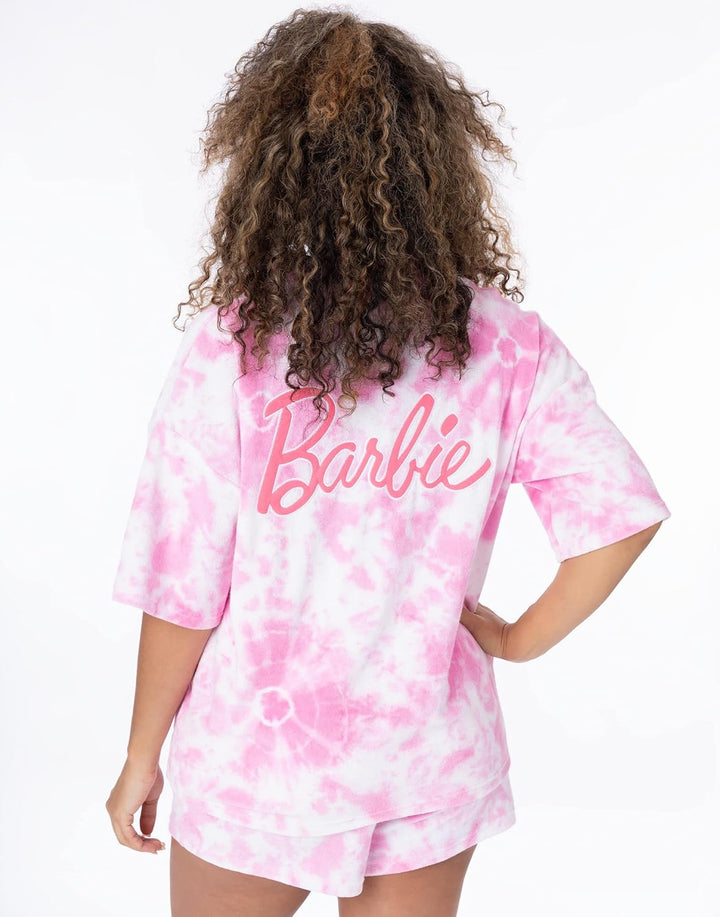 Barbie Damen 3 Stück Torubing Co-Ord Beach Cover Up | Rosa Batikfarbe Handtuch T-Shirt Shorts Haargu