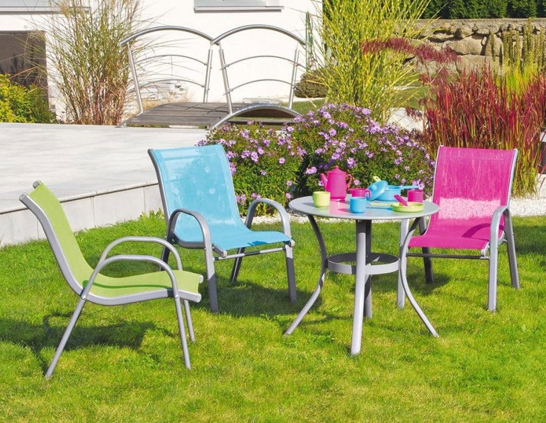 Hline Kinder Garten Sitzgruppe Tisch mit Stühlen Gartenstuhl Sessel (1 Tisch 3 Stühle Metall bunt),