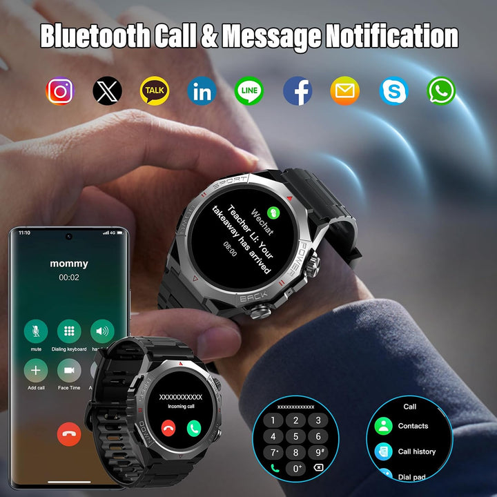 Militär Smartwatch Herren Damen, Smart Watch mitTelefonfunktion 1,39" Touchscreen, Herzfrequenzmonit
