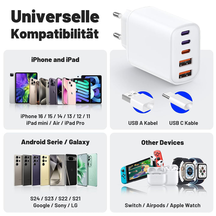Schnellladegerät 5Port USB-C und USB-A, USB C Ladegerät Power Adapter, Schnellladeblock Fast Charger