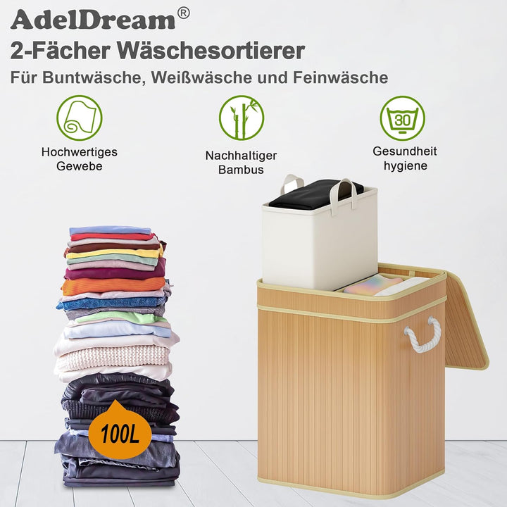 AdelDream Wäschekorb 100L Bambusoptik mit Deckel & Griffen, 2-Fach Wäschesammler Faltbar, Wäschebox