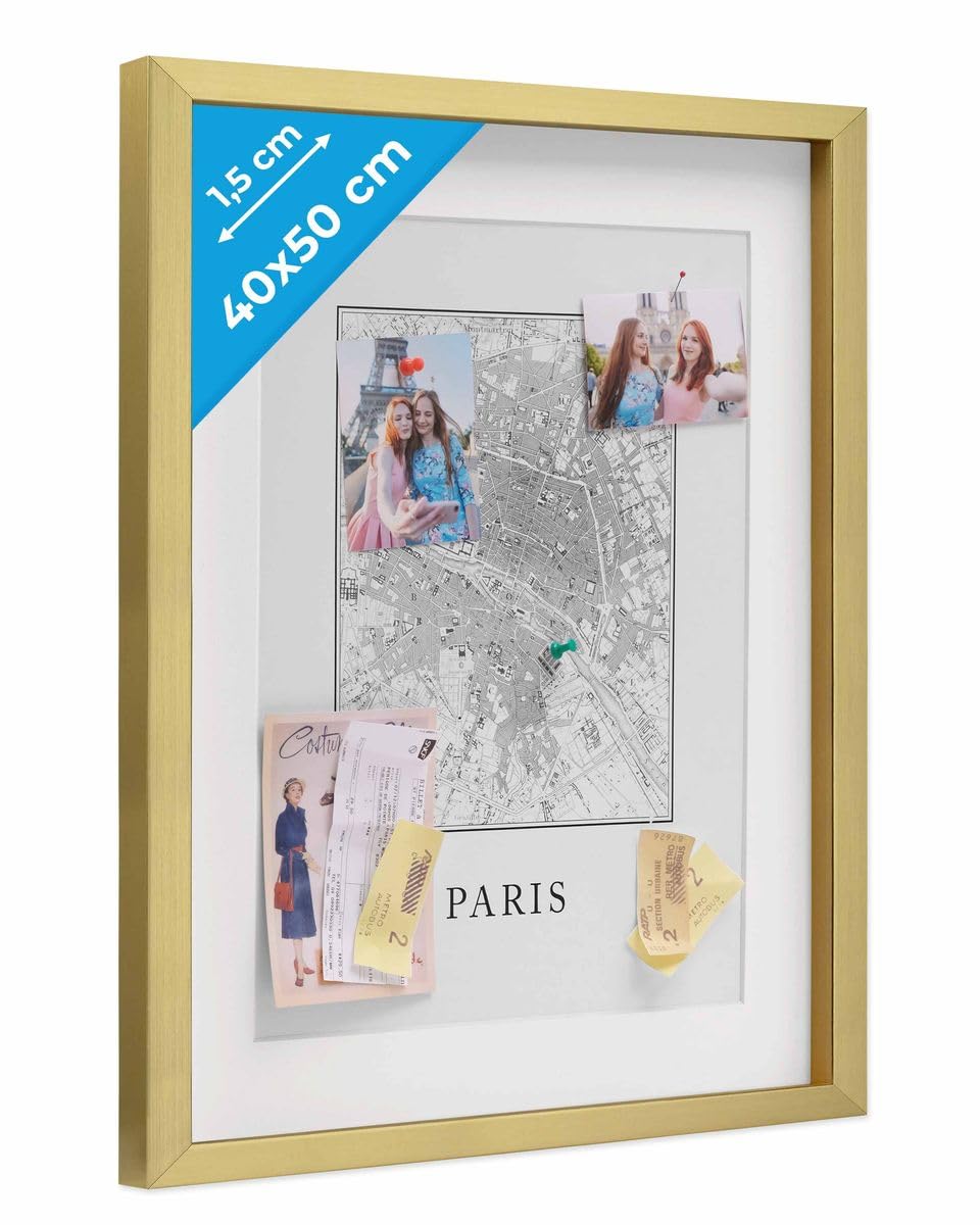 PHOTOLINI 3D Bilderrahmen zum Befüllen 40x50 Gold gross, 1,5 cm tiefer Objektrahmen mit Glas, tiefer