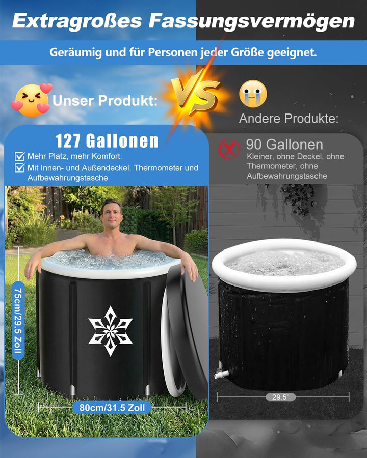 Eisbad Tonne mit Kühlsystem (80 cm Ø) XL, Eistonne Eisbaden mit 8 Edelstahlstangen, Sporttasche/Hitz