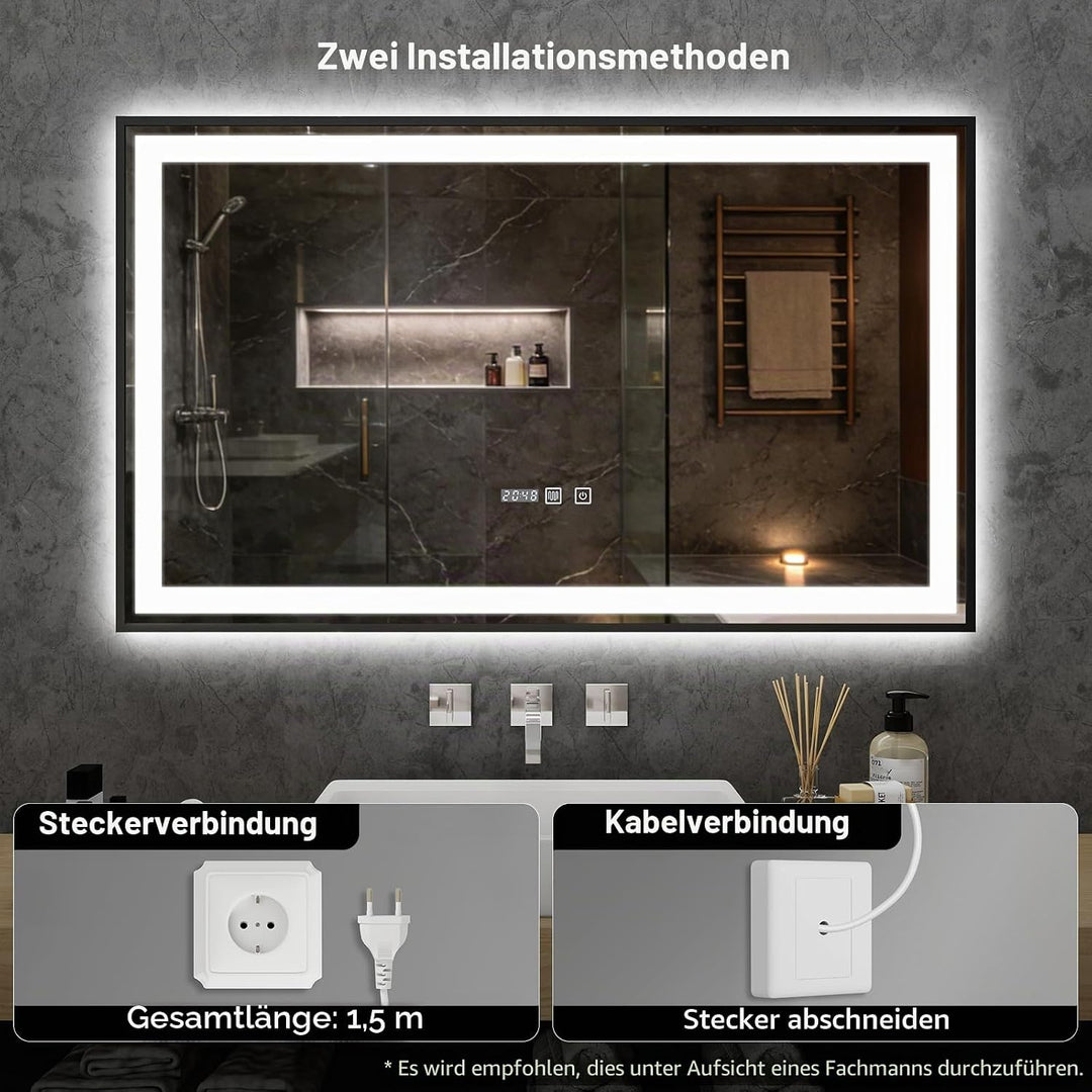 YU YUSING Badspiegel mit Beleuchtung 100x60cm, LED Wandspiegel mit Beschlagfrei, 3 Lichtfarben Dimmb
